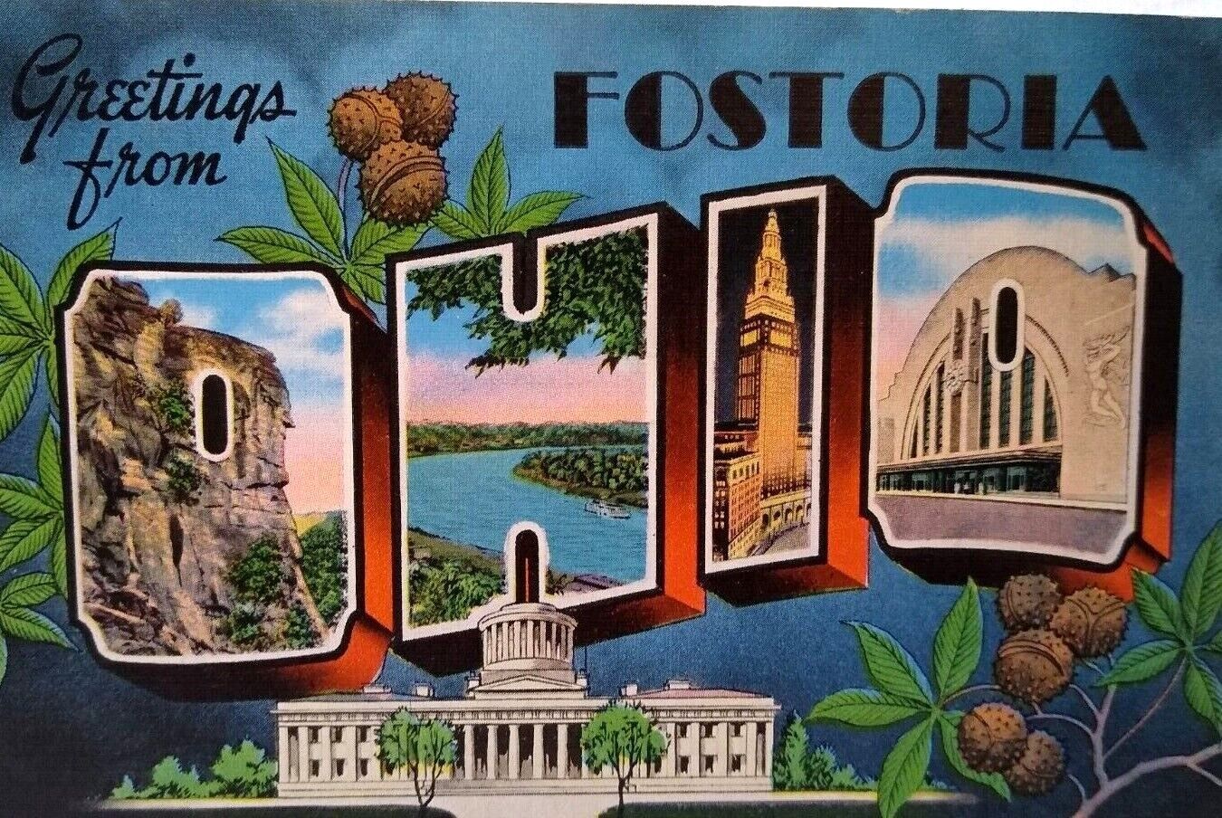 Greetings From Fostoria Ohio Large Big Letter Postcard Linen Unused Vintage