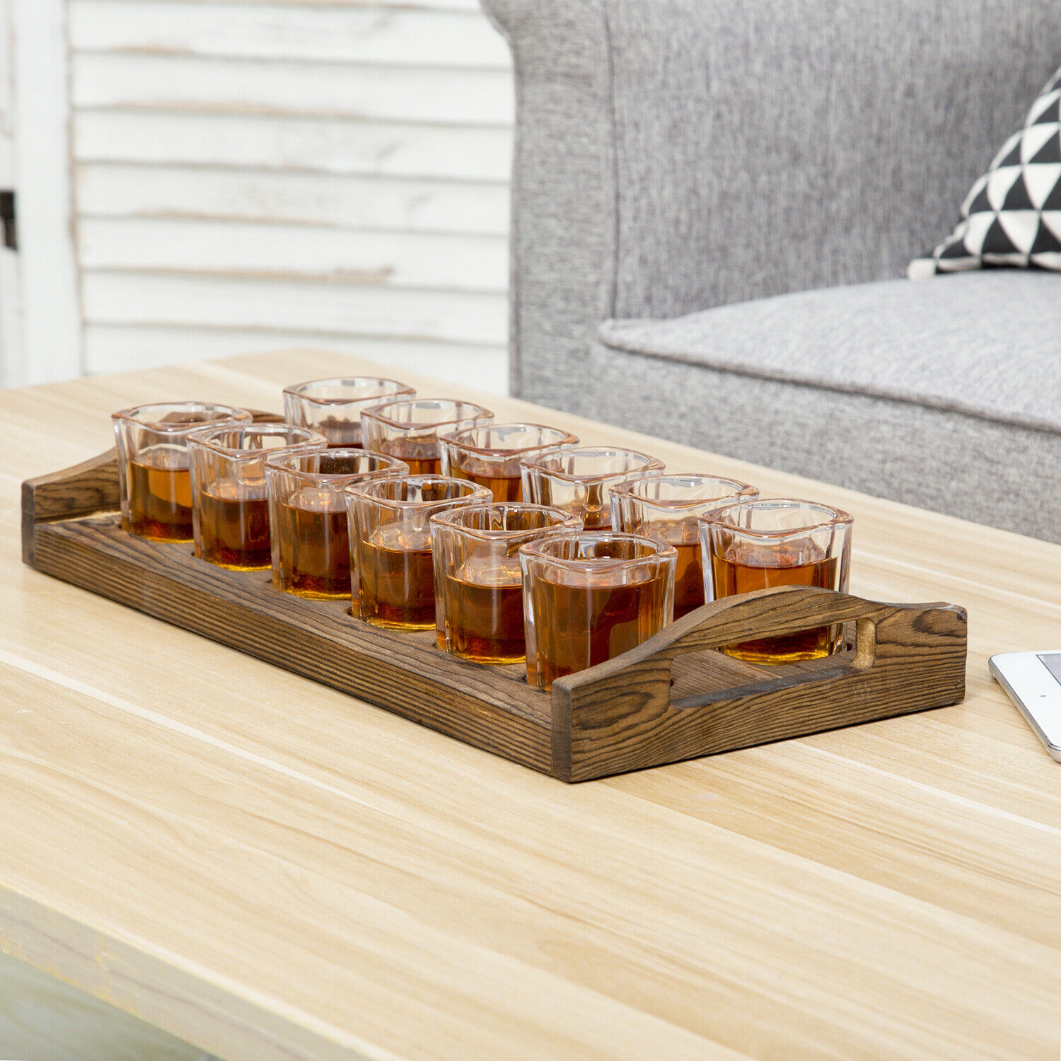 Rustic Burnt Brown Solid Wood Party Shots Serving Tray Set with 12 Shot Glasses