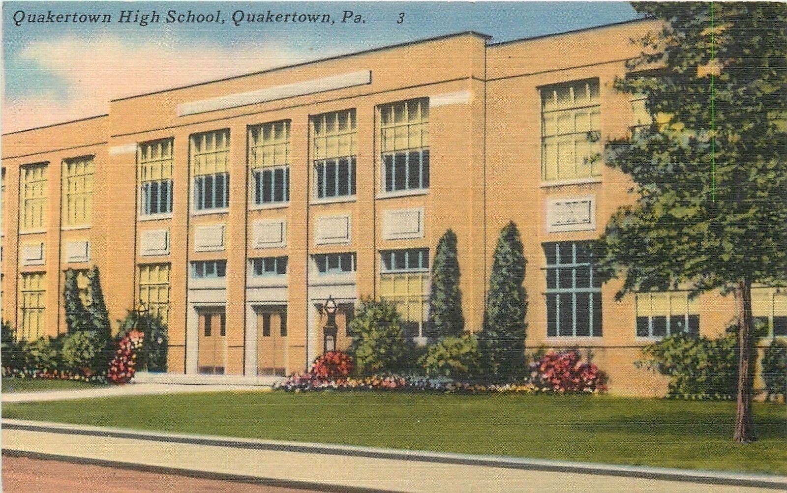 Quakertown Pennsylvania~Quakertown High School~Street View~Linen~1953 Postcard