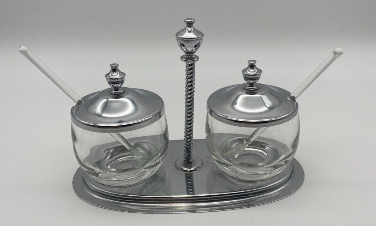 Vintage 60's Stainless Steel and Glass Double Condiment Set with Spoons