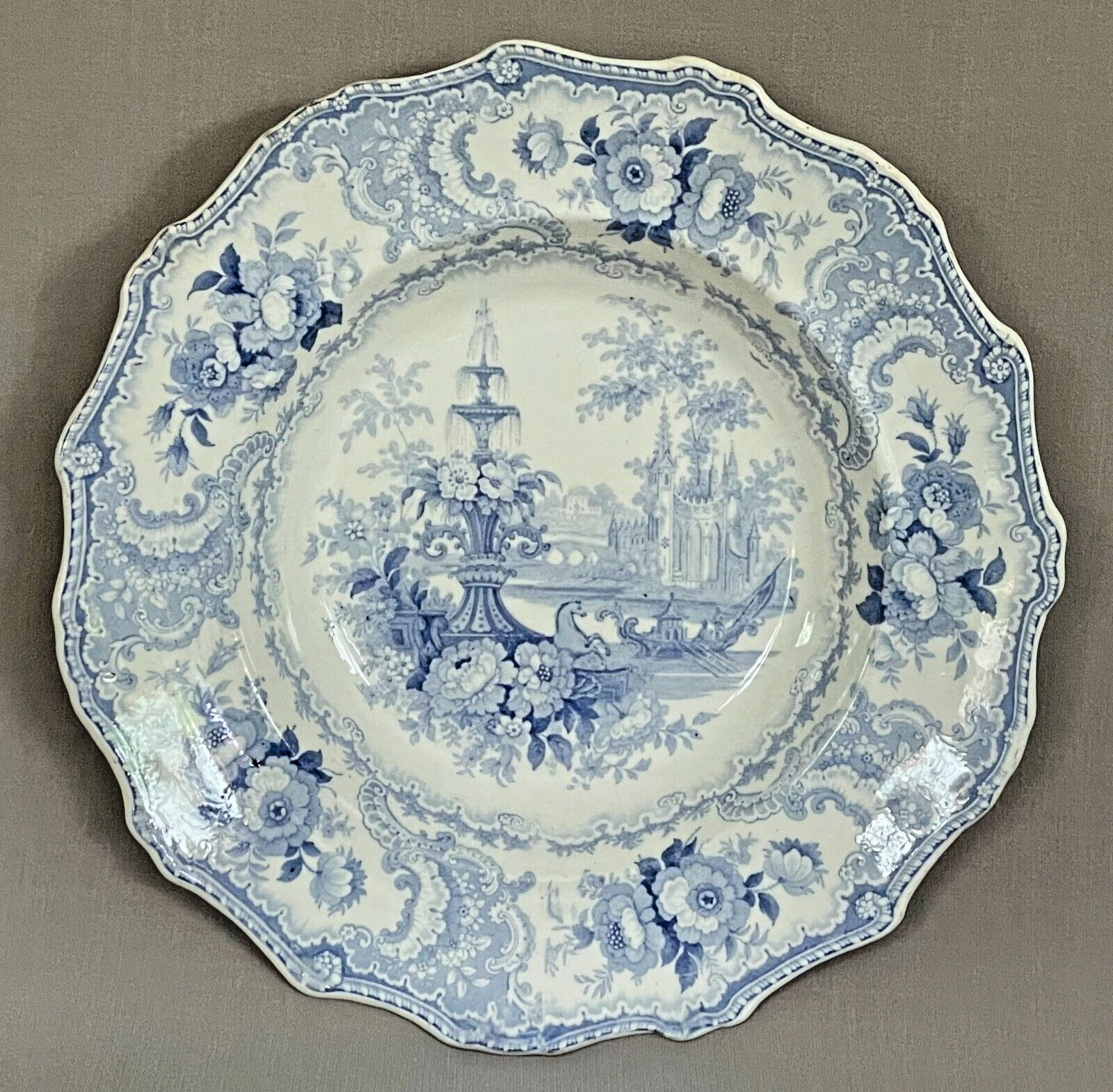 Rare Early 19th Century Antique Blue Transfer Soup Plate - 'Fountain Scenery'