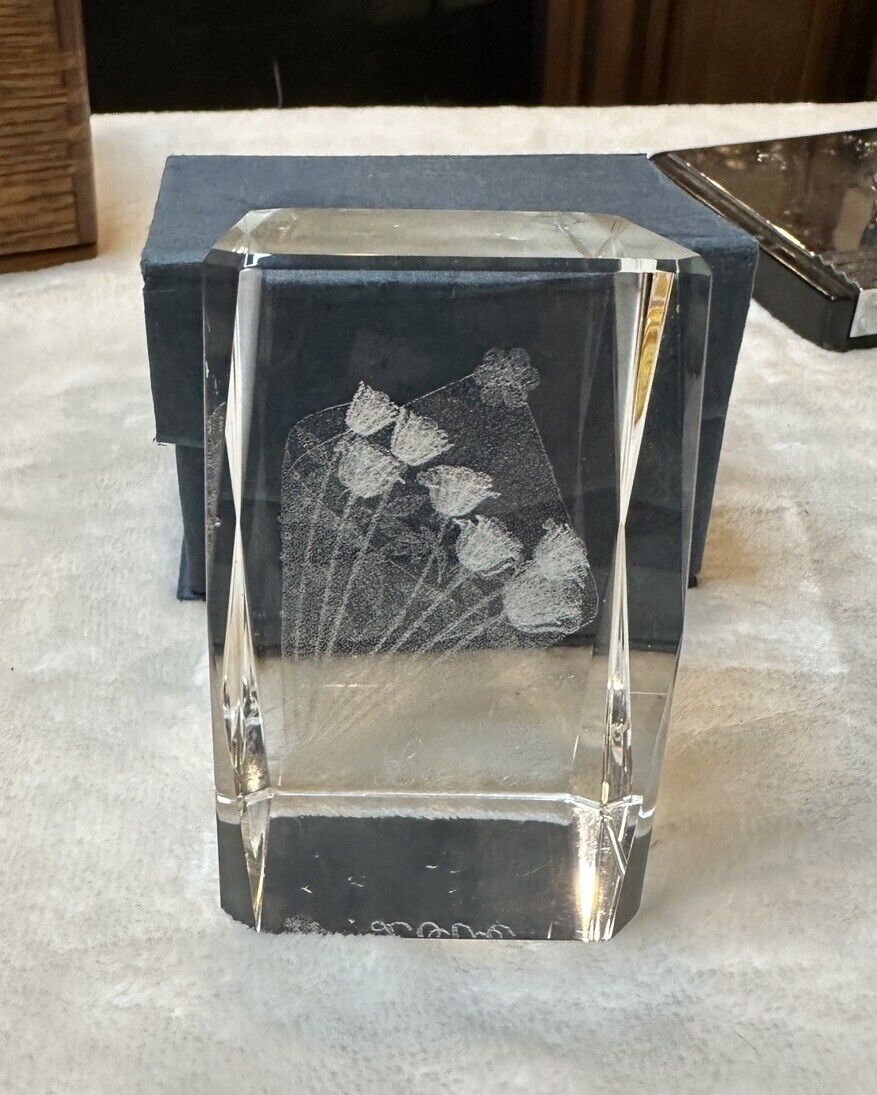 Vintage Etched Paperweight Lucite For My Love Flower Facet Edged With Box