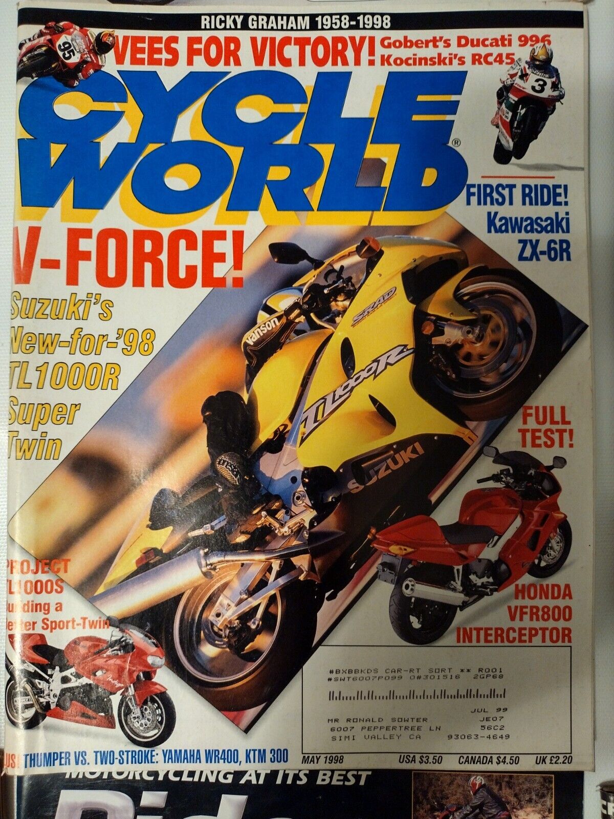 MAY 1998 CYCLE WORLD MAGAZINE, SUZUKI TL1000R, KAWASAKI ZX-6R, HONDA VFR800