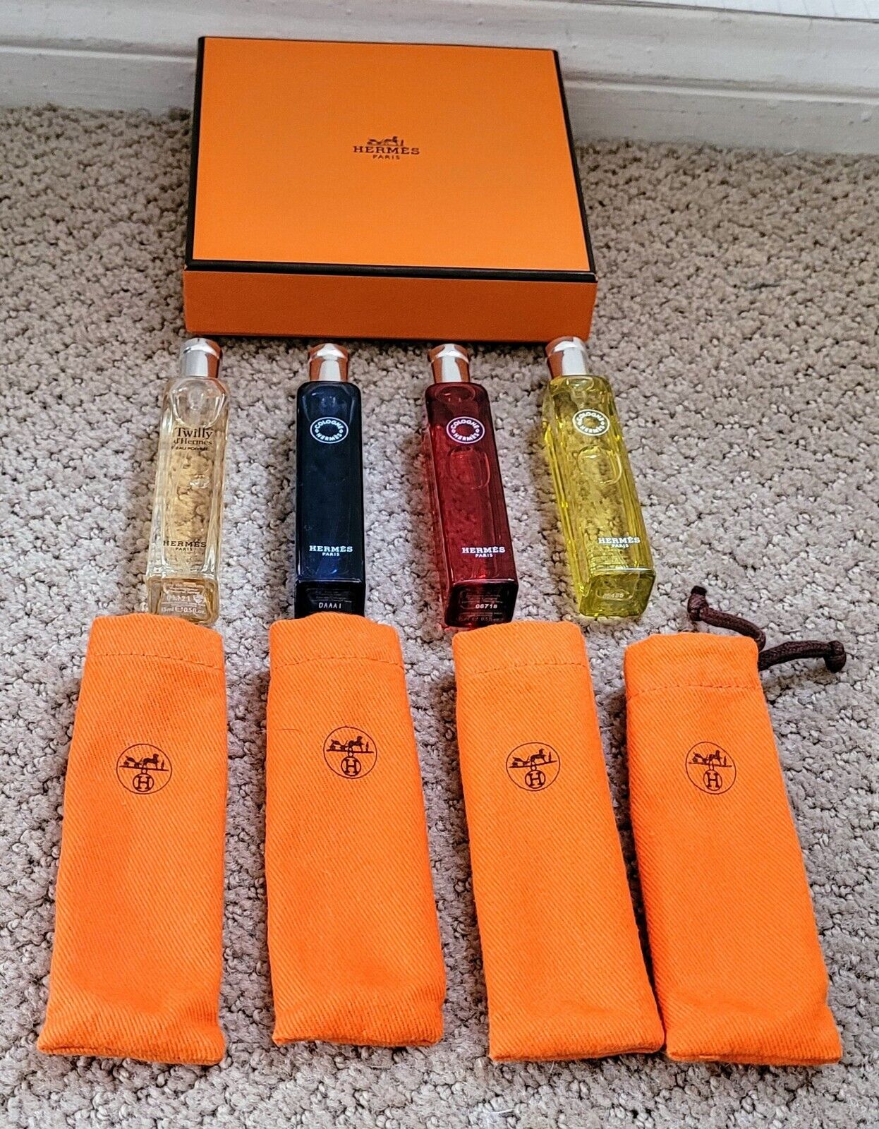 NWOT AUTH HERMES 4 PC FRAGRANCE TRAVEL SET WITH INDIVIDUAL DUSTBAG BOX 15 ML 