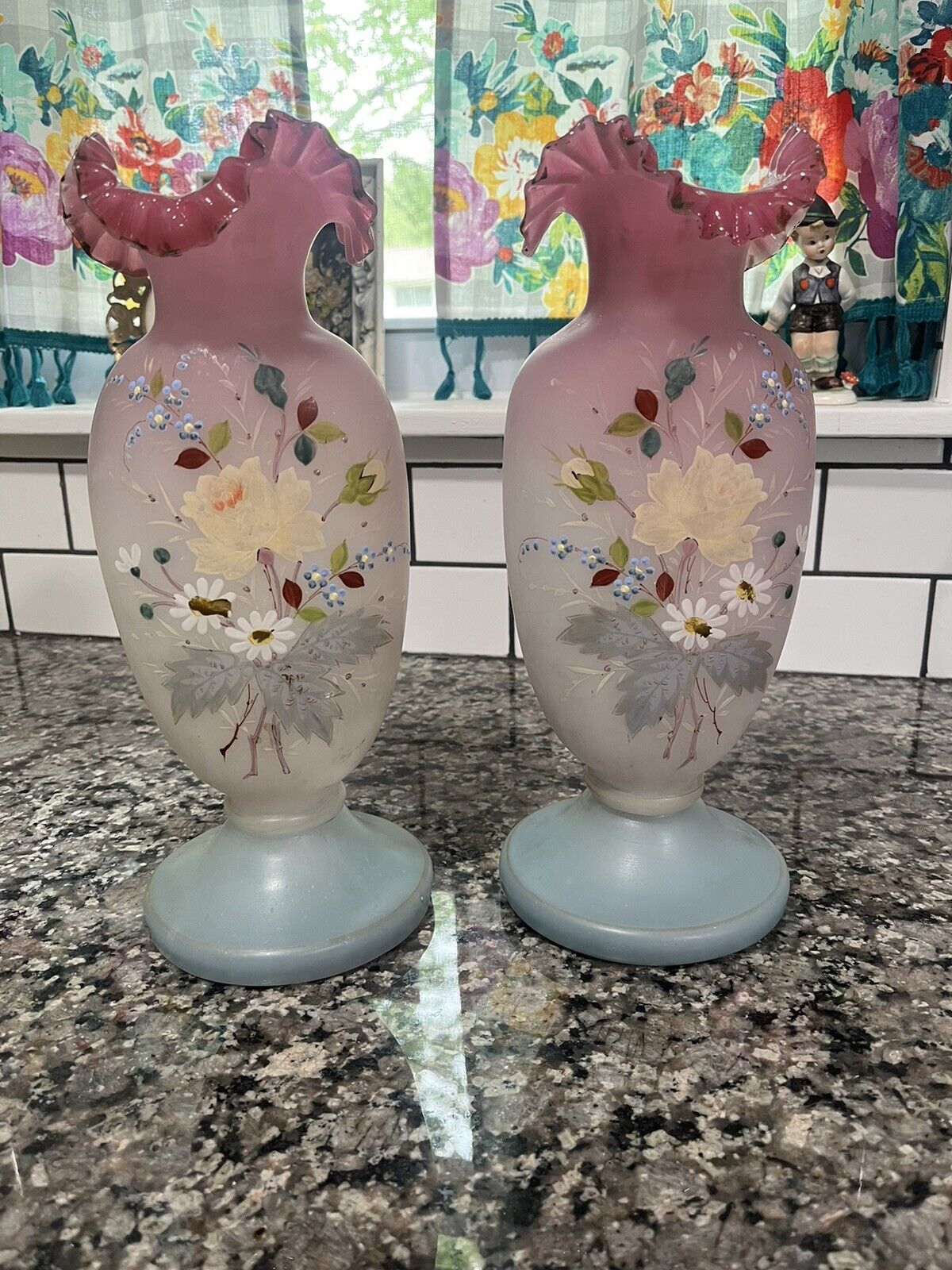 Pair Of Antique Bristol Pink Satin Hand Blown Vases 13in