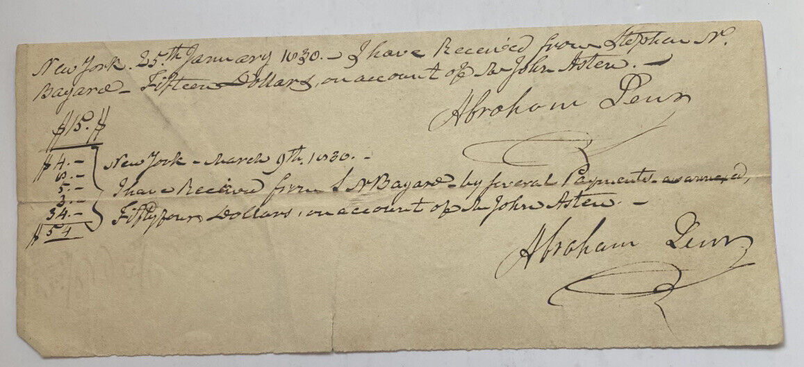 Antique 1830 New York Payment Receipt John Aster to Abraham Lewis for $15
