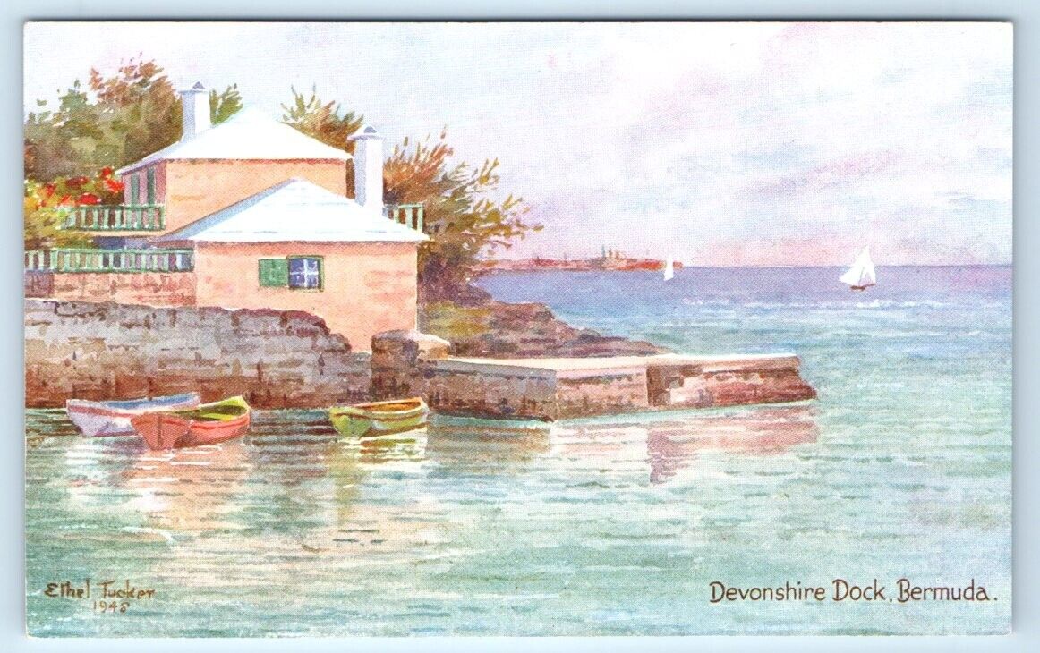 Devonshire Dock BERMUDA artist signed Ethel Tucker Postcard