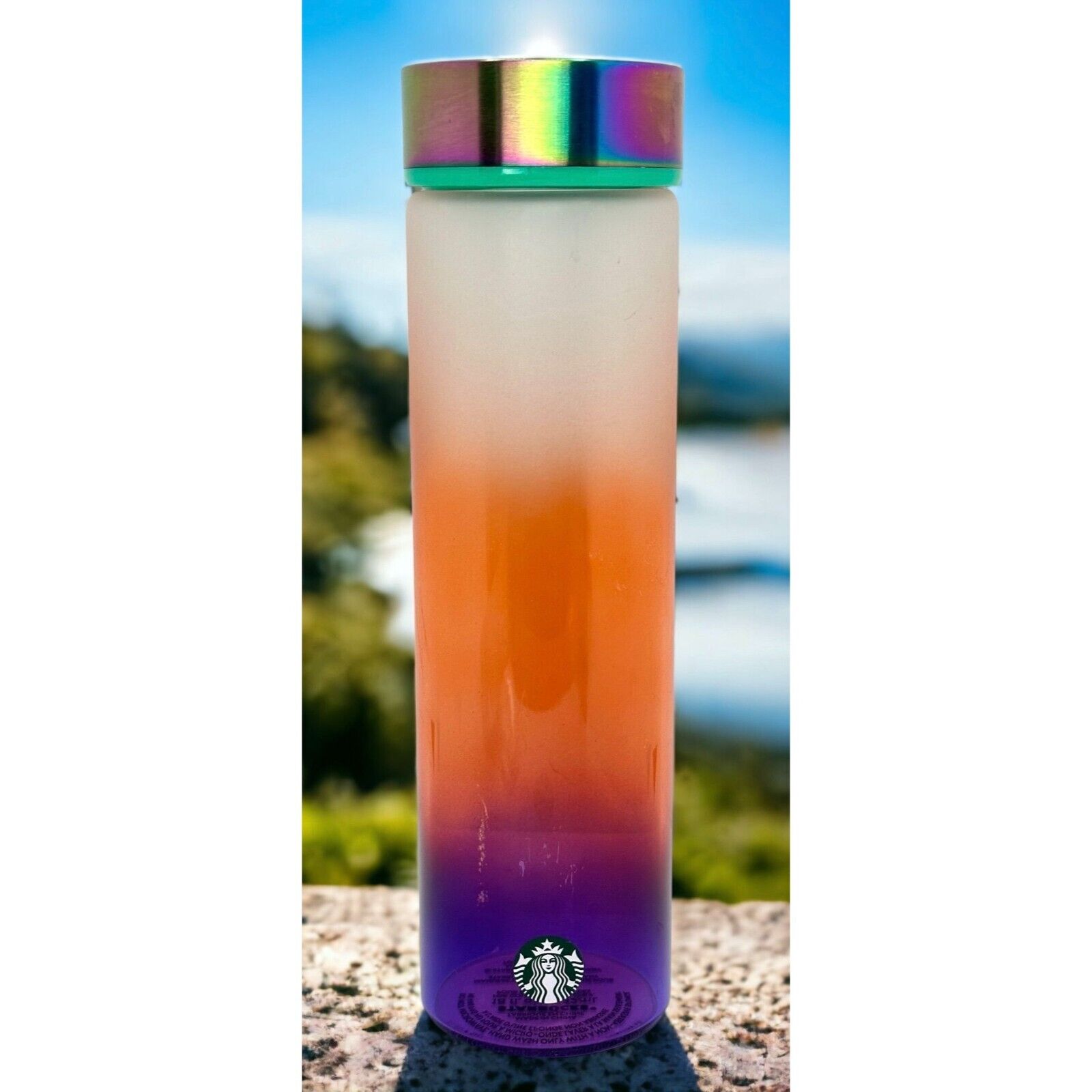 Starbucks Rainbow Iridescent Ombre Reusable Glass Water Bottle 18 oz