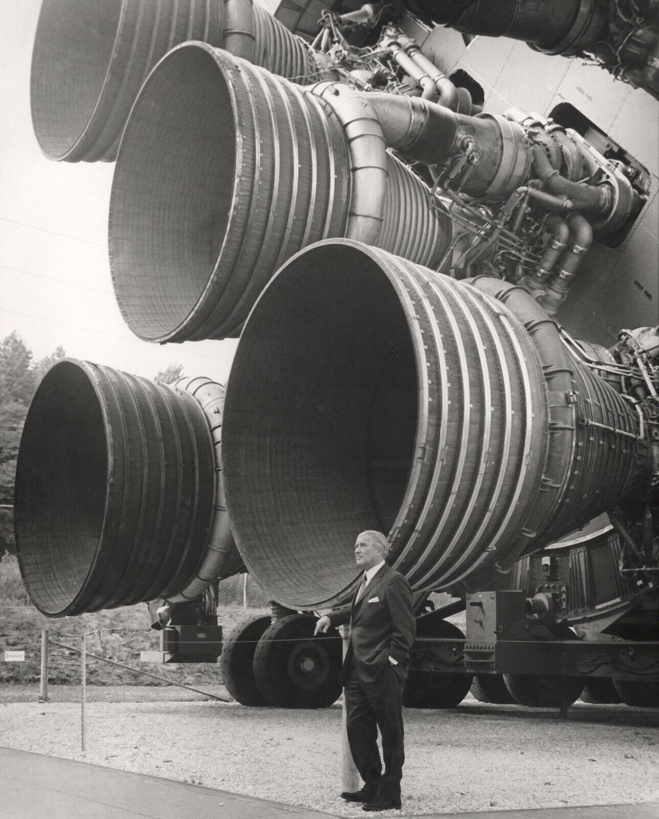 Wernher von Braun Standing by Engines of NASA Saturn V Rocket 13\