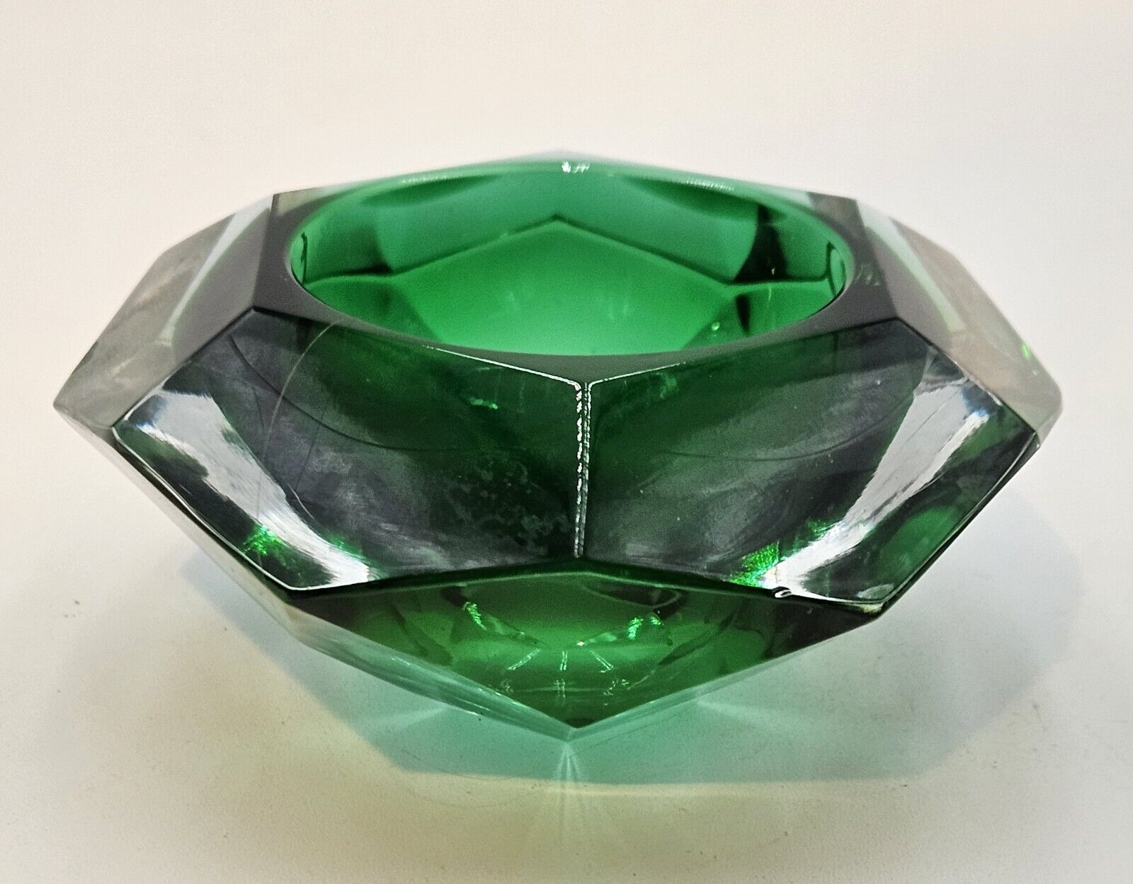 Vintage Faceted MURANO  Emerald Green  Glass Bowl Ashtray , 2\