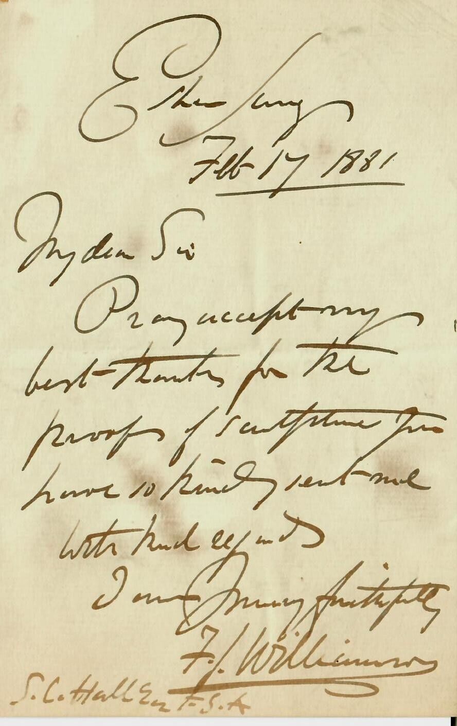 RARE “British Sculptor” Francis John Williamson Hand Written Letter From 1881