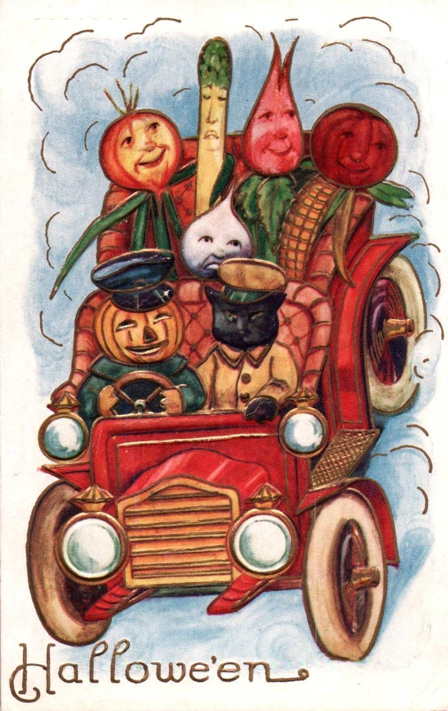 JOL DRIVER, VEGGIE PEOPLE, BLACK CAT On Colorful Vintage HALLOWEEN Postcard