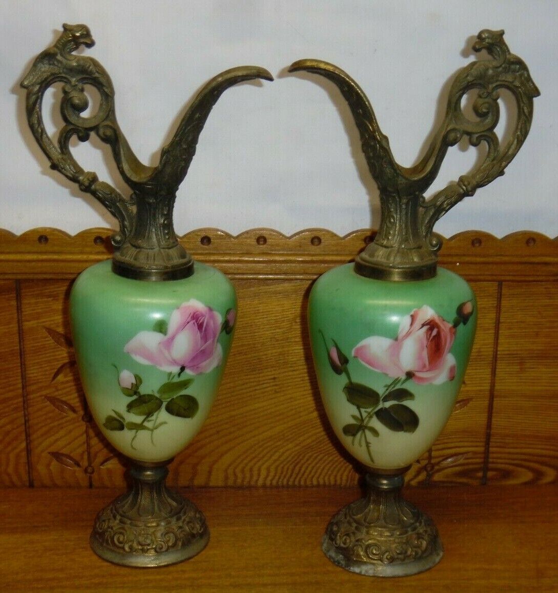 Pair Of Antique Floral Painted Glass & Metal Ewer Garnitures - 15 1/4\