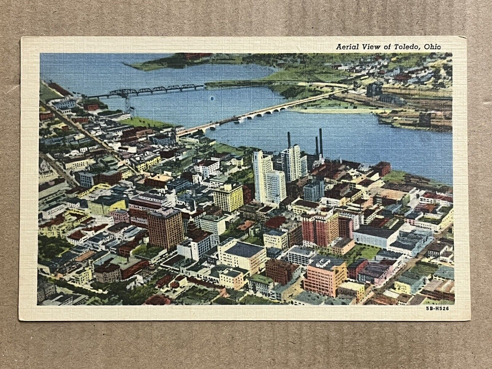 Postcard Toledo OH Ohio Downtown Aerial View River Bridge Vintage PC