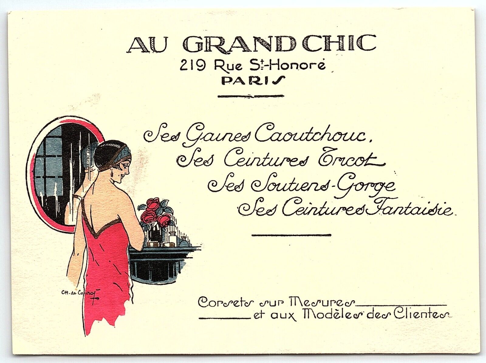 c1920 AU GRAND CHIC PARIS FRANCE MADE TO MEASURE CORSETS ADVERTISING CARD Z5501