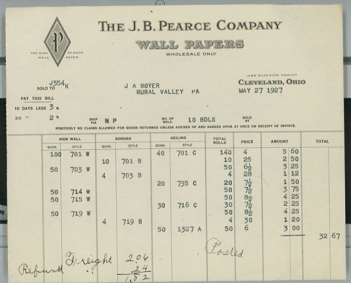 1927 J.B. Pearce Company Wall Papers Superior Viaduct Cleveland Ohio Invoice A11