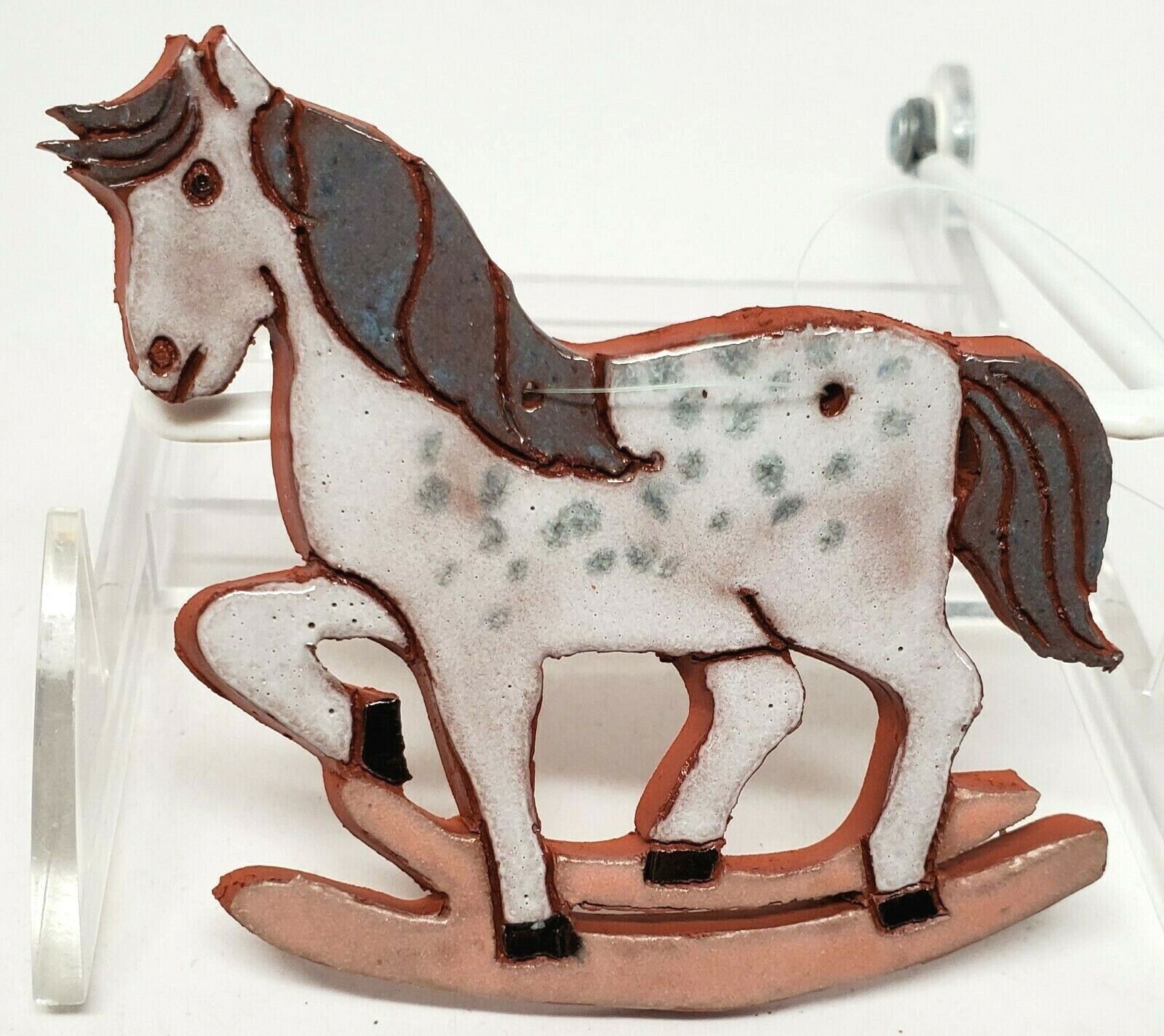 Vintage Andrew Loercher Redware Pottery Rocking Horse Christmas Ornament 1984