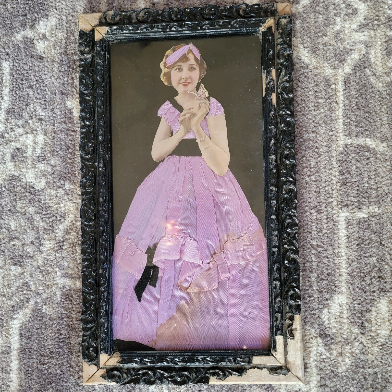 Vtg Grannycore OOAK Girl Paper doll dress Handmade Folk Art Framed Picture