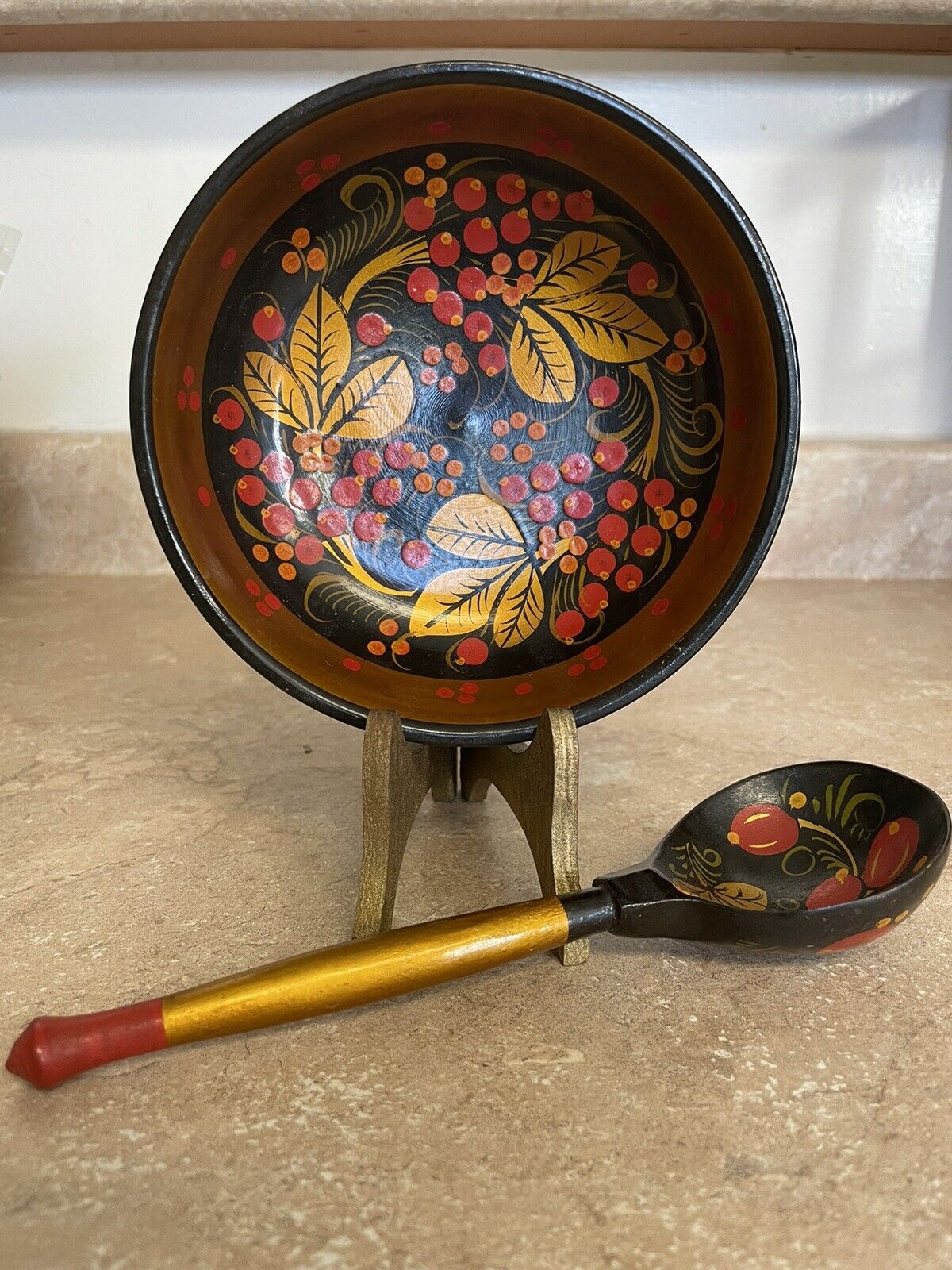 Vintage Russian Khokhloma Bowl And Spoon USSR Lacquerware Gold Berry Folk Art