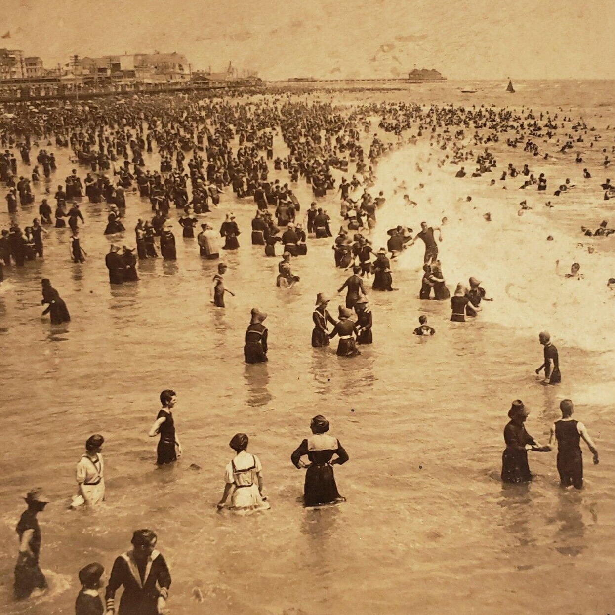 Atlantic City Beach Bathers Stereoview c1897 New Jersey Pier Swimmers Card C1553