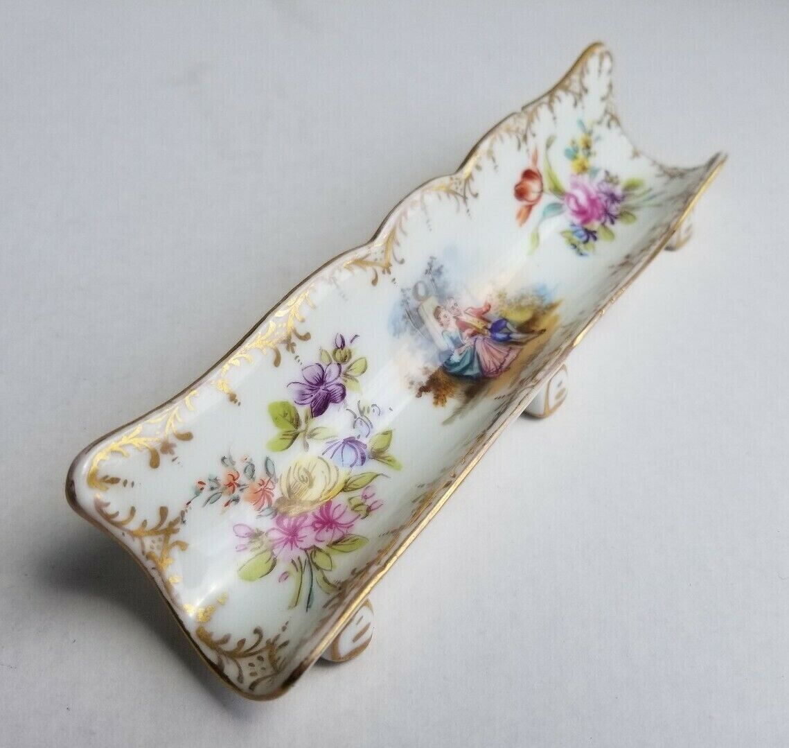 Dresden Courting Couple Porcelain Pen Tray Victorian Floral Gilt Painted Footed