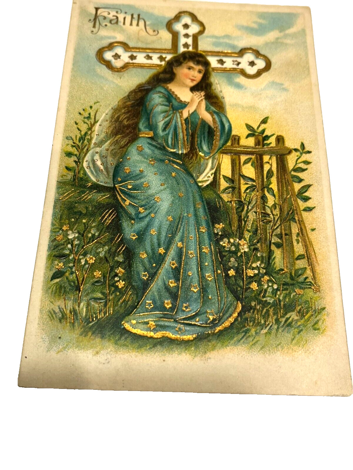 Antique Postcard Religious Virtue Faith Gold Gilt Cross Embossed 1908