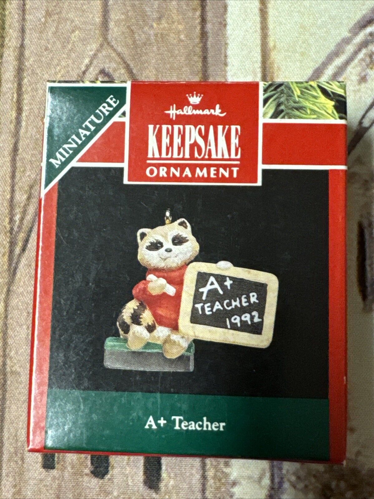 Hallmark 1992 A+ Teacher Raccoon Christmas  Keepsake Miniature Ornament NIB