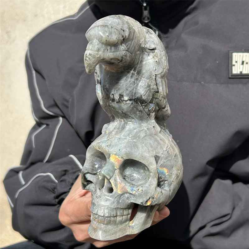 2.73lb Natural Labradorite Quartz Hand Carved Bird Skull Crystal Reiki Healing 