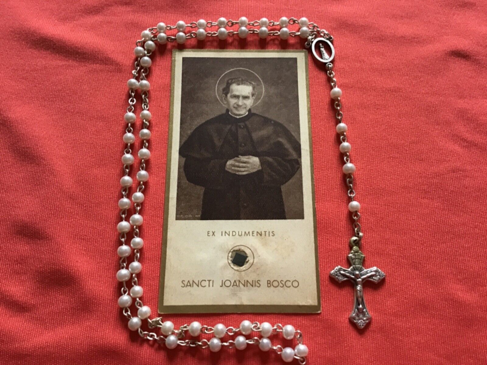 Relic of John Don Bosco from the clothes 1934th + 1  mother of pearl rosary 1950