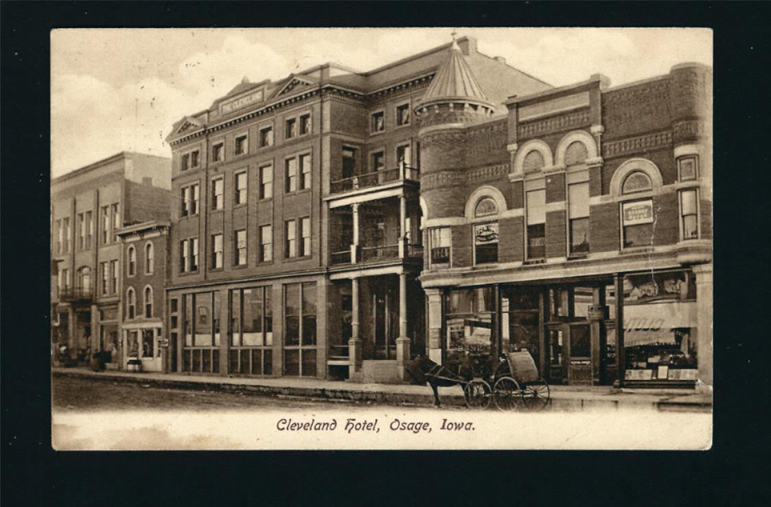 Osage Iowa IA 1908 Cleveland Hotel, Bank, Hawley Music, Horse & Buggy & More