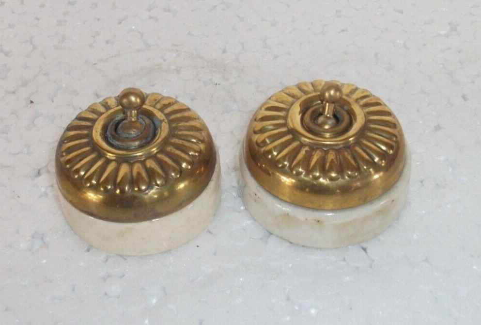 Vintage Brass & Ceramic Vitreous Brand Solid Electric Switches, England