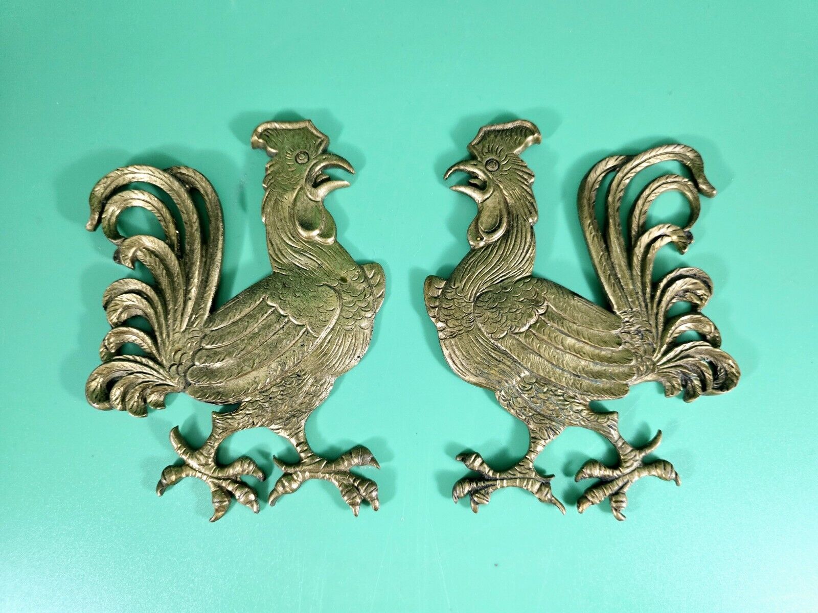 Vintage Solid Brass Rooster Chanticleer  Wall Hanger Heavy Set Of 2 Italy