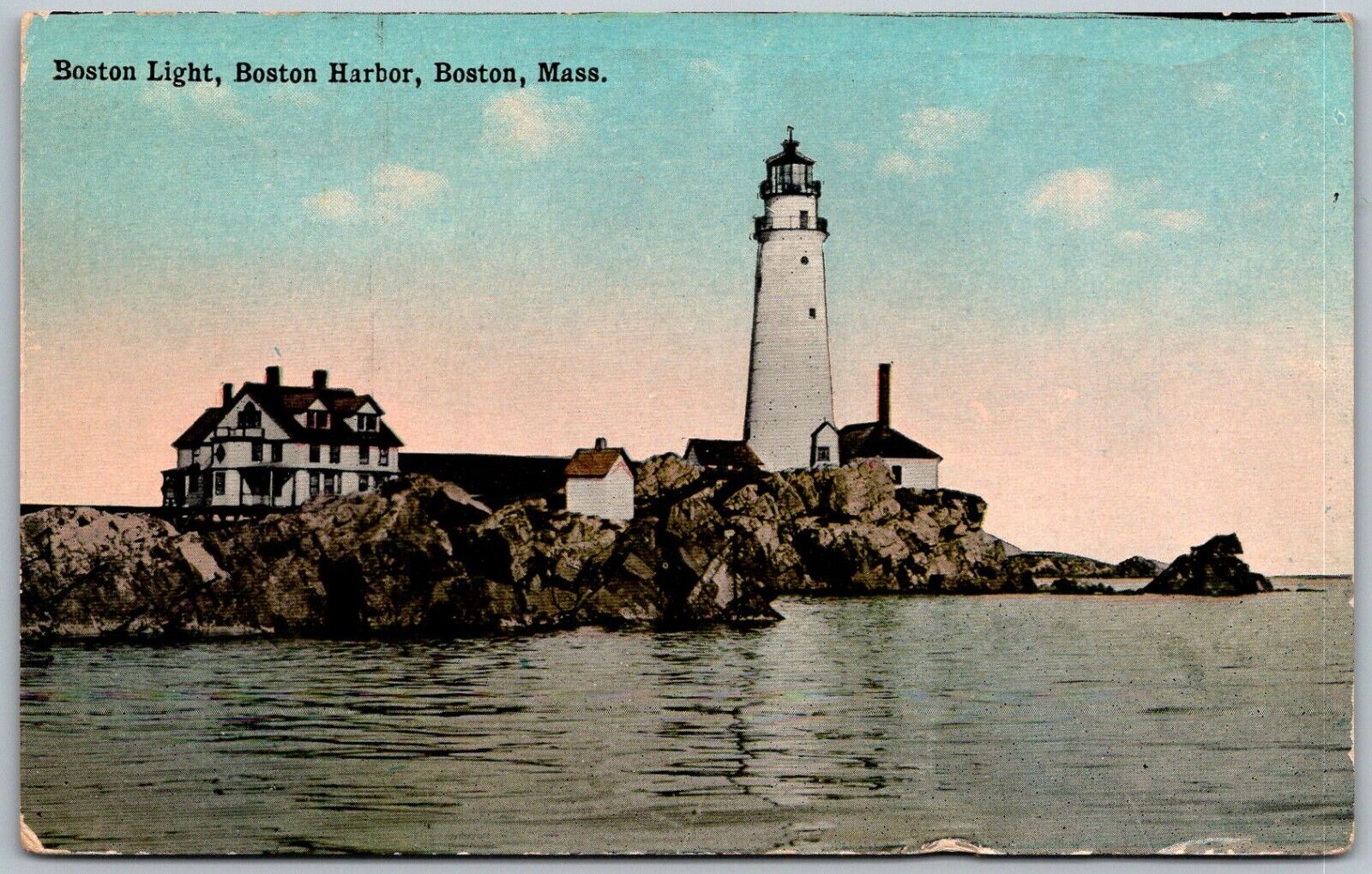 Boston Massachusetts c1910 Postcard Harbor Lighthouse Light House Rocks
