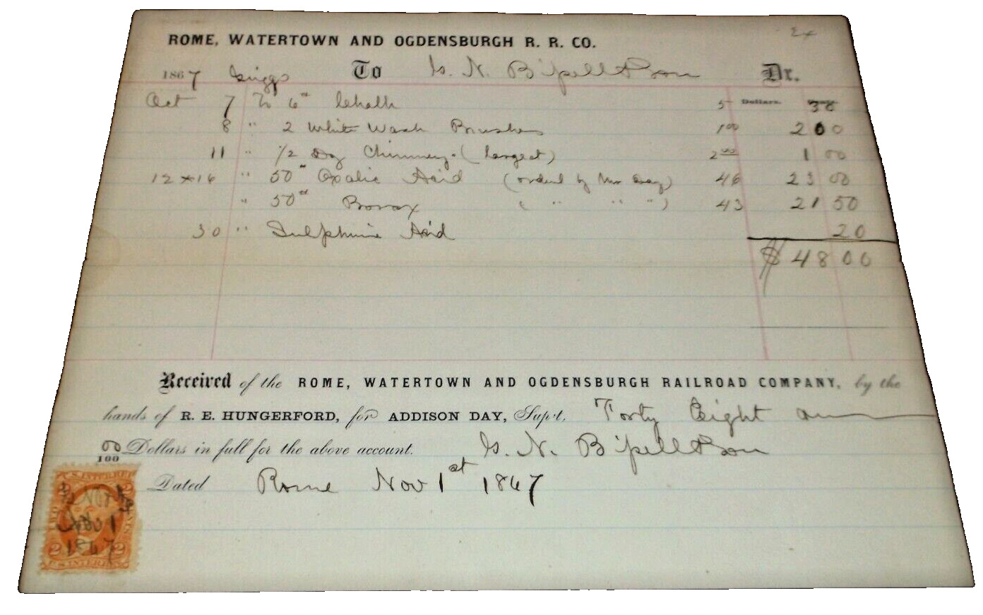 NOVEMBER 1867 ROME WATERTOWN & OGDENSBURG RW&O NYC RAILROAD FREIGHT RECEIPT