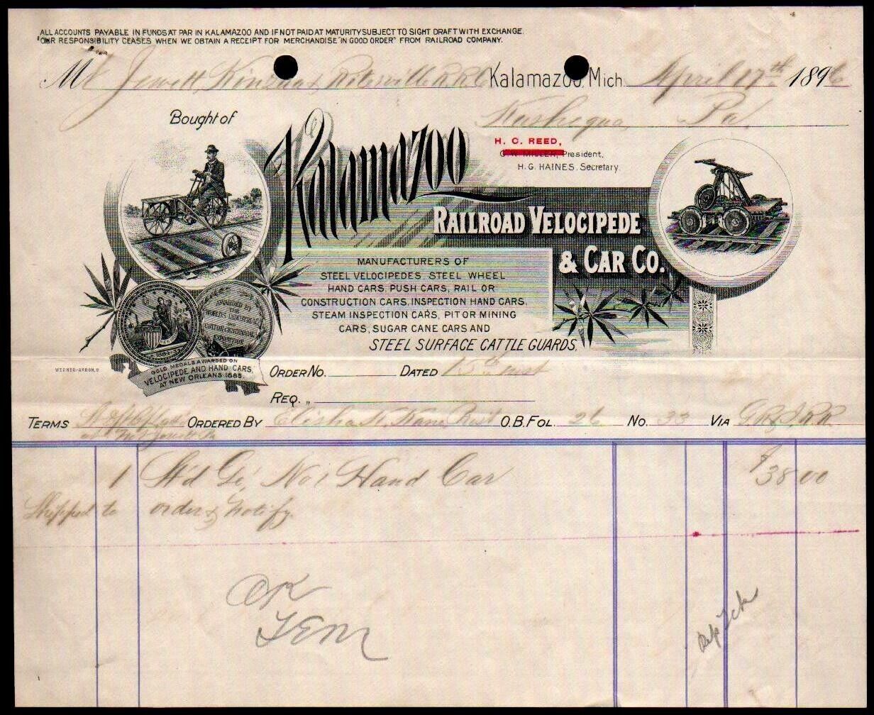 1896 Michigan - Kalamazoo Railroad Velocipede & Car Co - Rare Letter Head Bill