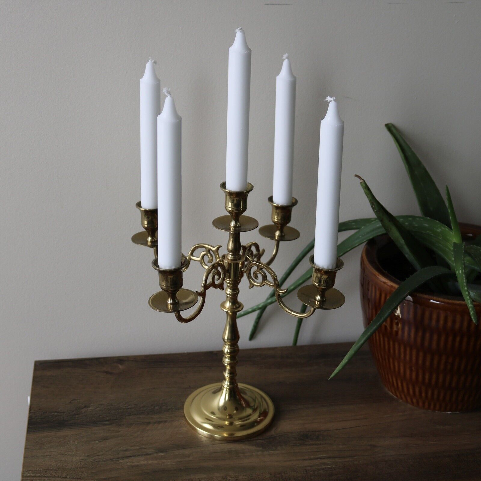Vintage 11.5” Brass 4 Arm Candelabra, 5 Taper Candle Holders - HEAVY, Marked “M”