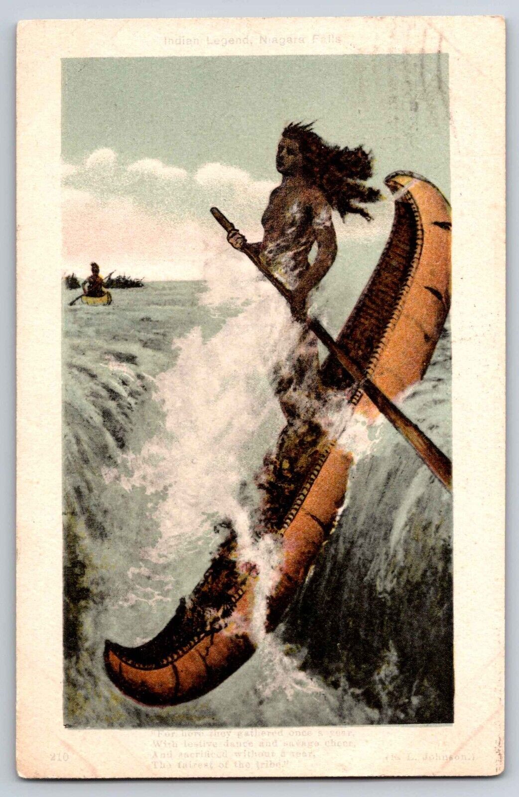 Postcard Depiction of an Indian going over the Falls in a Canoe WB/P/DB      D-1