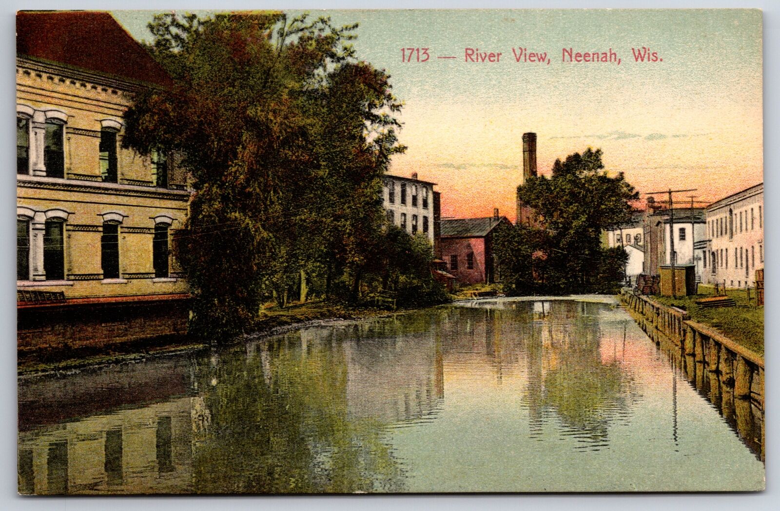 Neenah Wisconsin~River View~Buildings Reflected~c1910 Postcard