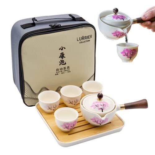 LURRIER Porcelain Chinese Gongfu Tea SetPortable Teapot Set with 360 Rotation...