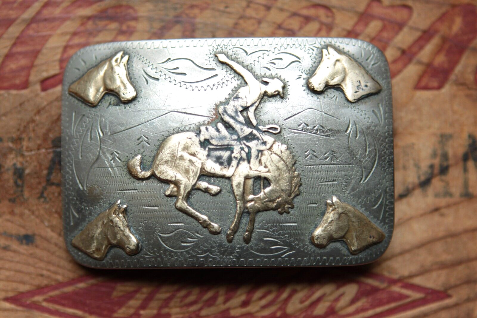 Vtg Renalde Nickel Silver Horse Rodeo Saddle Bronc Cowboy Belt Buckle