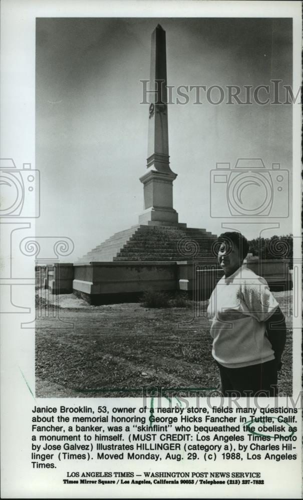 1988 Press Photo Janice Brooklin in front of a monument for George Hicks Fancher