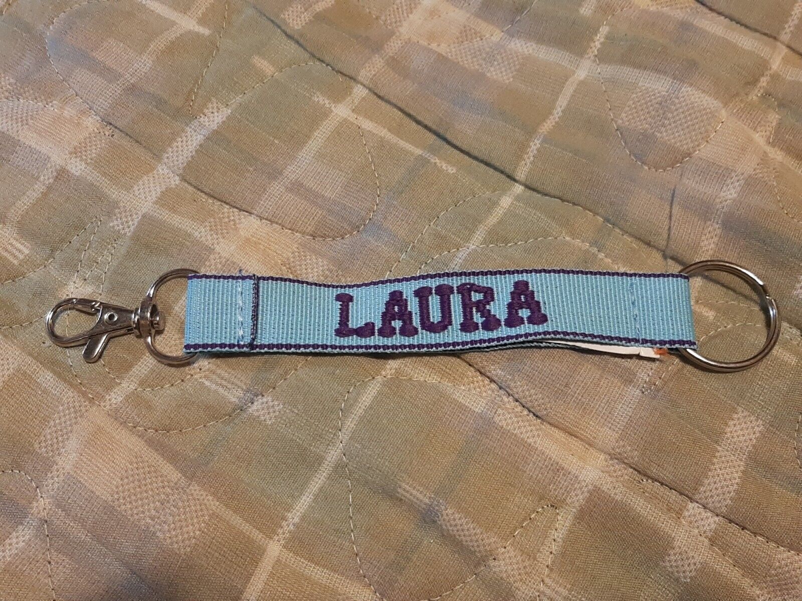 LAURA Embroidered Name Strap Key Ring, Keychain with Clasp (LT. BLUE)