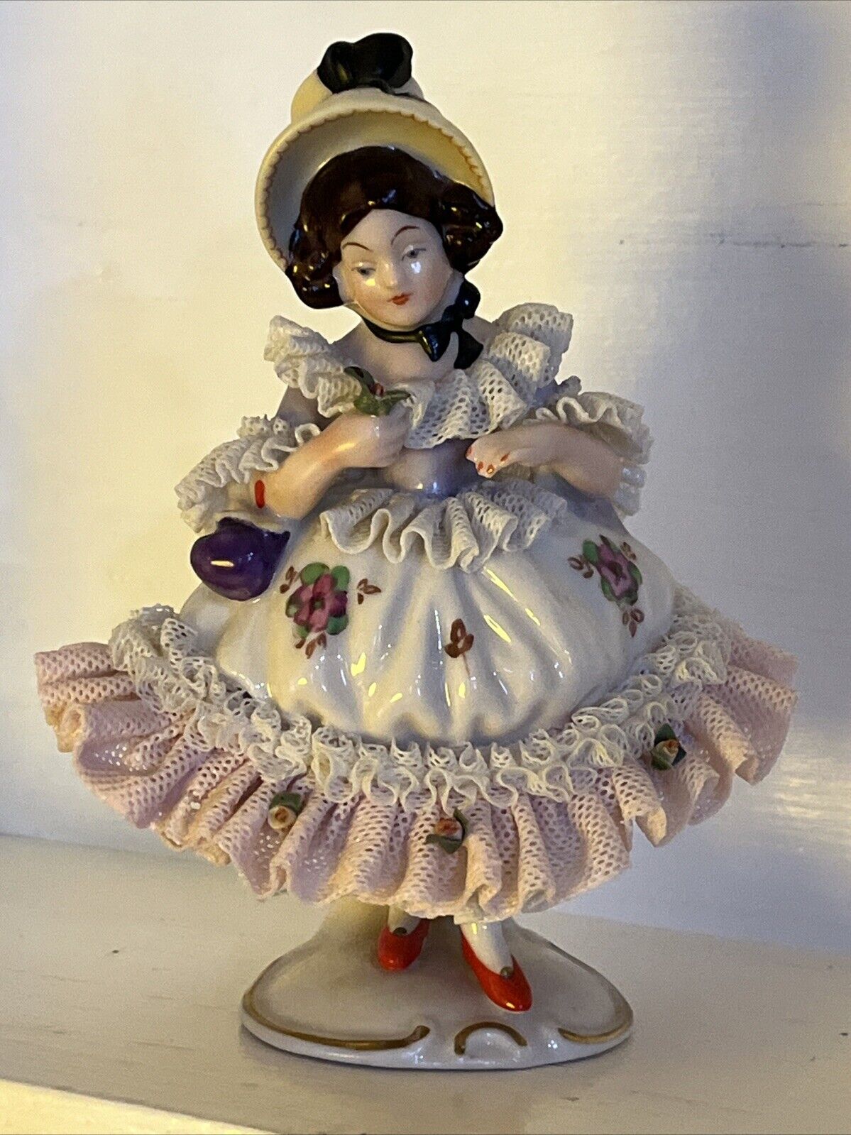 Vintage Dresden Germany Porcelain Figurine Victorian Lady‏ W/ Bonnet 5”