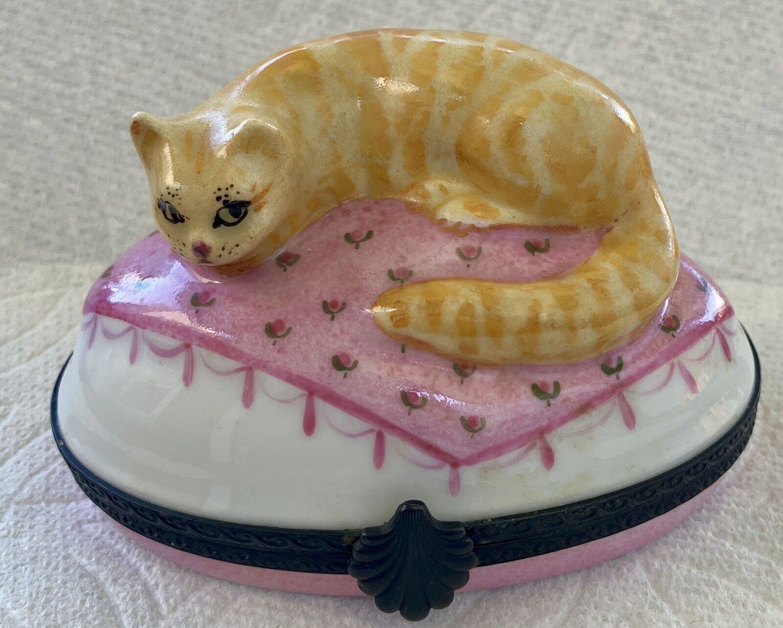 Vintage French Limoges Trinket Box With Yellow Cat On Pillow