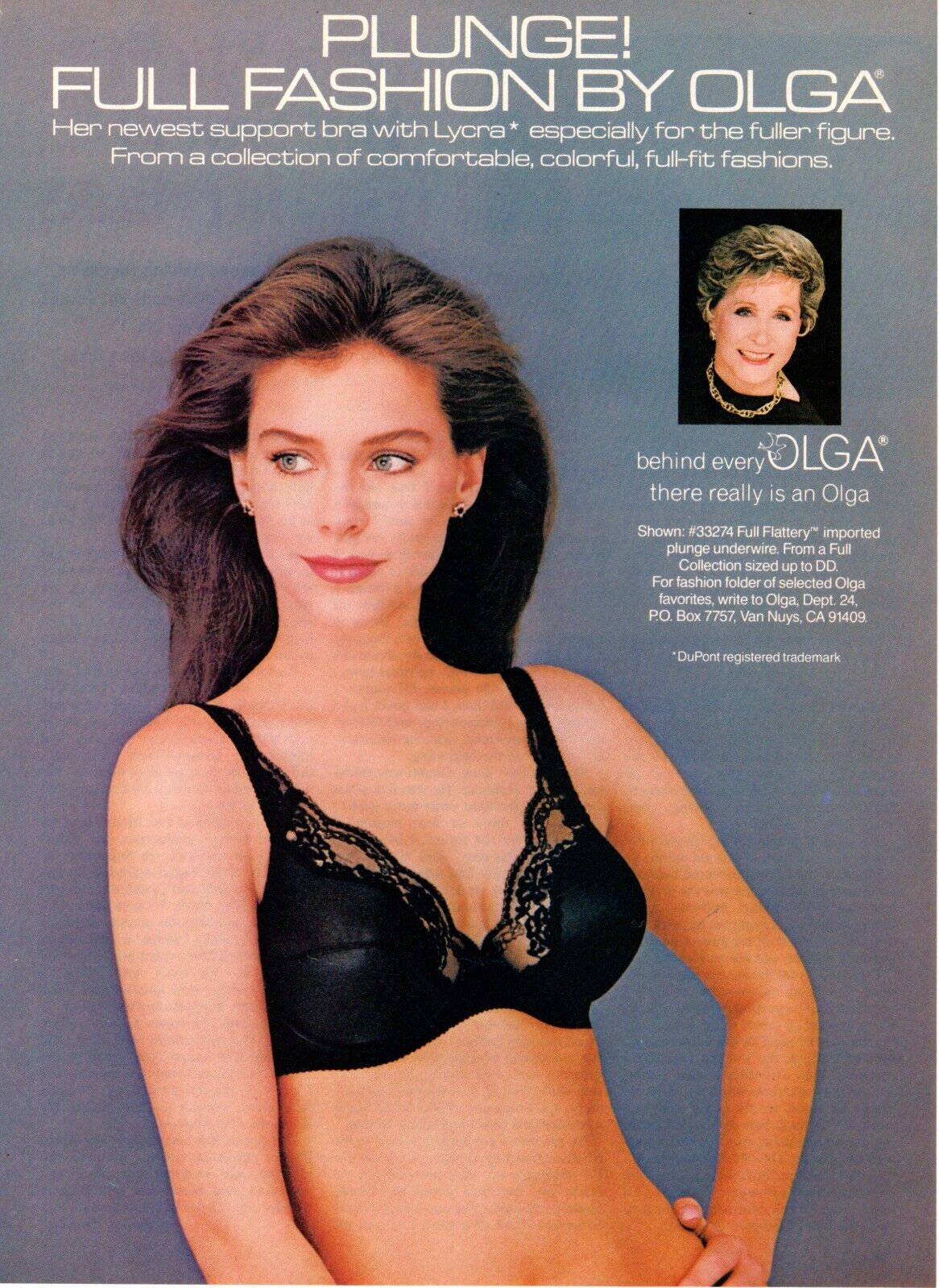 1985 magazine brassiere AD OLGA PLUNGE Full Fashion Bra  032823