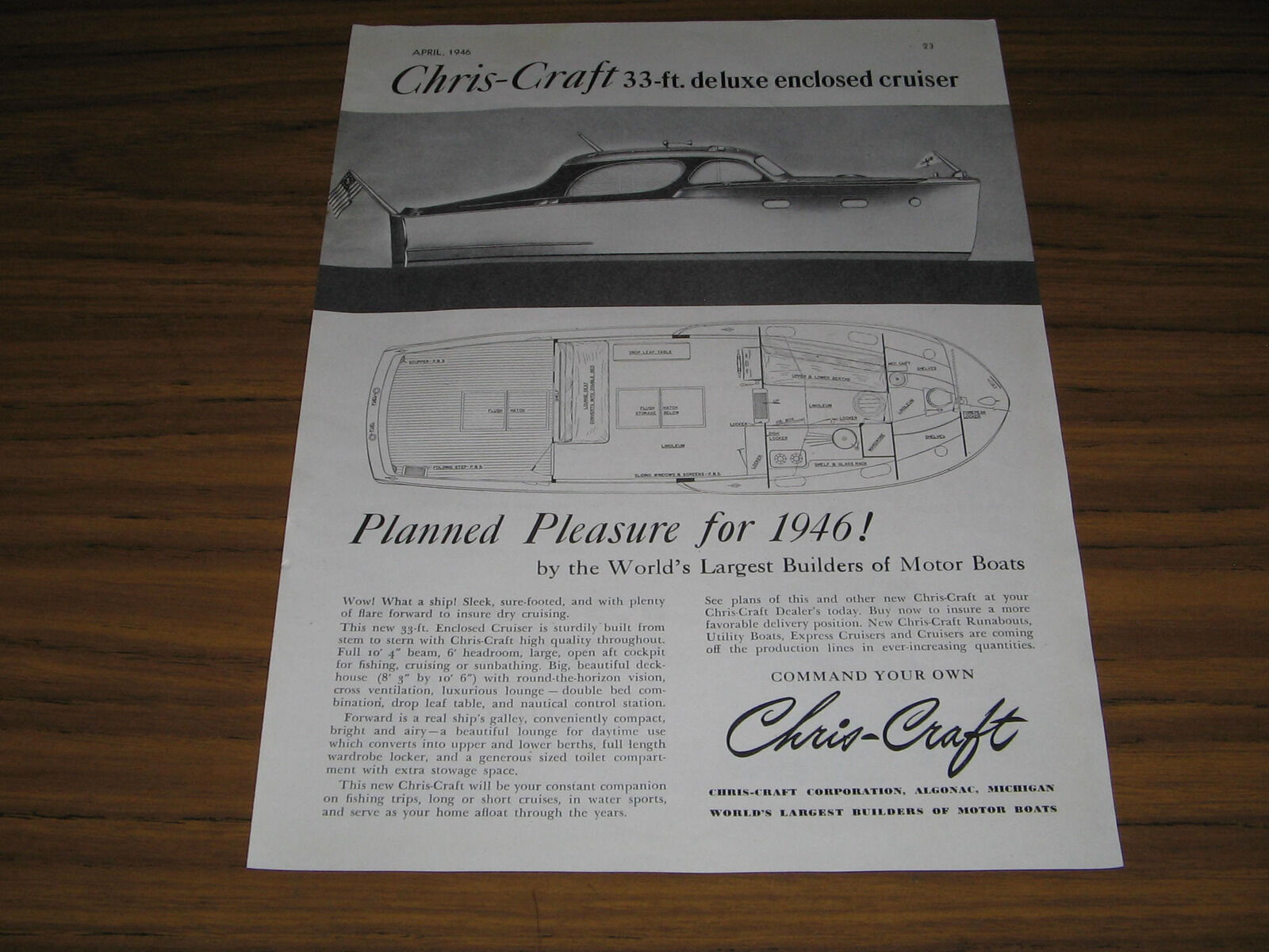 1946 Vintage Ad Chris-Craft 33 Ft Deluxe Enclosed Cruiser Boats Algonac,MI