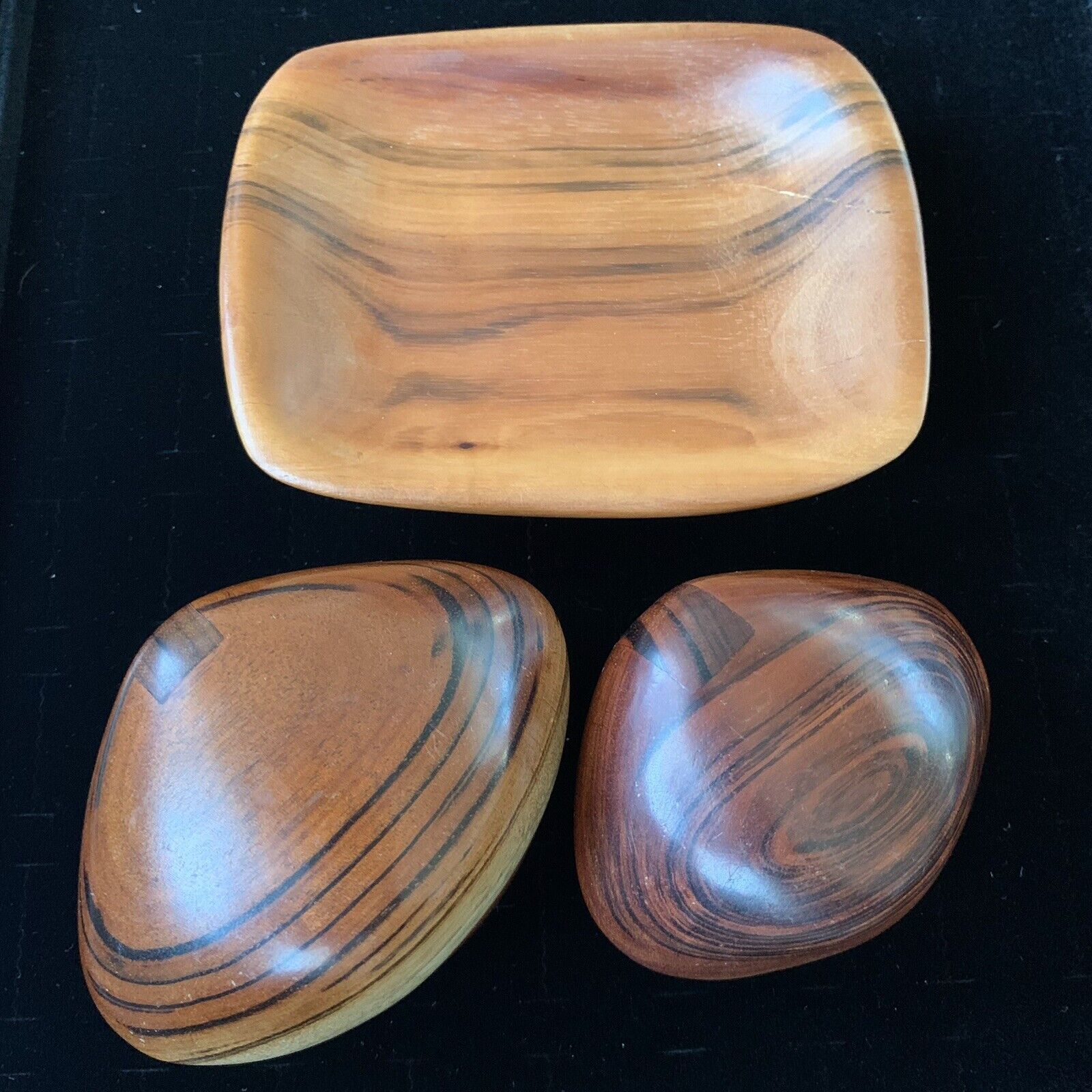 3 Pc Lot-2 Handcrafted Wood Clamshell Trinket Boxes And Small Wood Trinket Tray