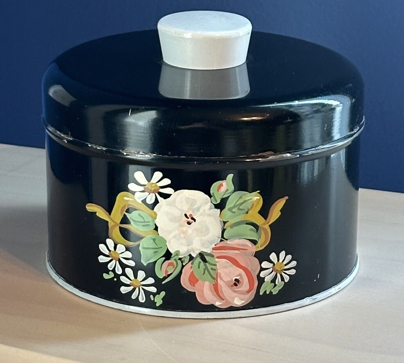 Vintage Ransburg Genuine Hand Painted Floral Tole Black Metal Powder Box