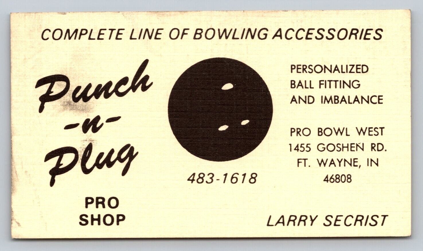 Vintage Business Card Punch n Plug Pro Bowl West Bowling Shop Fort Wayne IN