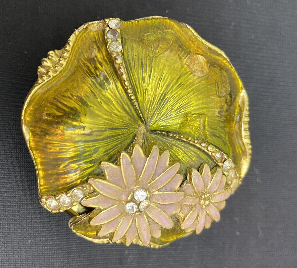 Enameled Golden Lily Pad With Frog Trinket Box